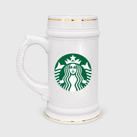 Кружка пивная с принтом Starbucks Coffee в Курске,  керамика (Материал выдерживает высокую температуру, стоит избегать резкого перепада температур) |  объем 630 мл | Тематика изображения на принте: 