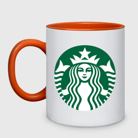 Кружка двухцветная с принтом Starbucks Coffee в Тюмени, керамика | объем — 330 мл, диаметр — 80 мм. Цветная ручка и кайма сверху, в некоторых цветах — вся внутренняя часть | Тематика изображения на принте: 