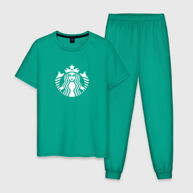 Мужская пижама хлопок с принтом Starbucks Coffee лого в Петрозаводске, 100% хлопок | брюки и футболка прямого кроя, без карманов, на брюках мягкая резинка на поясе и по низу штанин
 | Тематика изображения на принте: logo | starbucks | starbucks coffee | кофе | лого | старбакс | старбакс кофе
