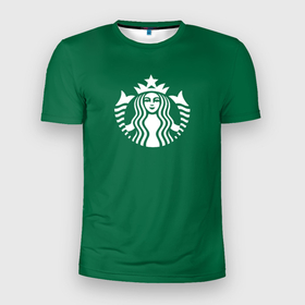 Мужская футболка 3D Slim с принтом Старбакс кофе в Петрозаводске, 100% полиэстер с улучшенными характеристиками | приталенный силуэт, круглая горловина, широкие плечи, сужается к линии бедра | Тематика изображения на принте: logo | starbucks | starbucks coffee | кофе | лого | старбакс | старбакс кофе