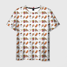 Мужская футболка 3D с принтом Фастфуд паттерн в Екатеринбурге, 100% полиэфир | прямой крой, круглый вырез горловины, длина до линии бедер | вкусно | вкусняшка | вкусняшки | вредно | глазунья | еда | картошка | картошка фри | курица | макдак | макдональдс | мороженое | обед | пицца | сосиска | фастфуд | хотдог | яичница | яйцо