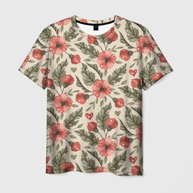 Мужская футболка 3D с принтом Ретро цветы в Петрозаводске, 100% полиэфир | прямой крой, круглый вырез горловины, длина до линии бедер | flowers | классика | паттерн | цветочки | цветы