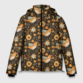 Мужская зимняя куртка 3D с принтом Подсолнухи и птицы в Тюмени, верх — 100% полиэстер; подкладка — 100% полиэстер; утеплитель — 100% полиэстер | длина ниже бедра, свободный силуэт Оверсайз. Есть воротник-стойка, отстегивающийся капюшон и ветрозащитная планка. 

Боковые карманы с листочкой на кнопках и внутренний карман на молнии. | Тематика изображения на принте: лето | паттерн | подсолнух | подсолнухи | птицы | птички