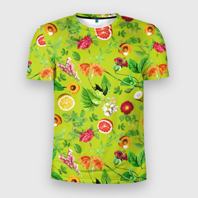 Мужская футболка 3D Slim с принтом Летнее настроение   фрукты в Кировске, 100% полиэстер с улучшенными характеристиками | приталенный силуэт, круглая горловина, широкие плечи, сужается к линии бедра | Тематика изображения на принте: абрикос | лето | персик | сочный | фрукт | фрукты
