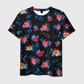 Мужская футболка 3D с принтом Яркие розы на черном фоне , 100% полиэфир | прямой крой, круглый вырез горловины, длина до линии бедер | flowers | розы | цветок | цветочки | цветы | яркие цветы