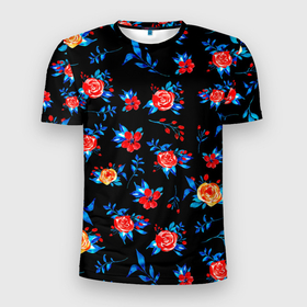 Мужская футболка 3D Slim с принтом Яркие розы на черном фоне , 100% полиэстер с улучшенными характеристиками | приталенный силуэт, круглая горловина, широкие плечи, сужается к линии бедра | flowers | розы | цветок | цветочки | цветы | яркие цветы