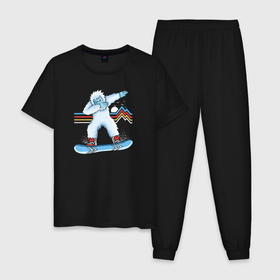 Мужская пижама хлопок с принтом Снежный человек на сноуборде ДЭБ в Петрозаводске, 100% хлопок | брюки и футболка прямого кроя, без карманов, на брюках мягкая резинка на поясе и по низу штанин
 | Тематика изображения на принте: bigfoot | fis | snowboard | snowboarding | бигфут | бигэйр | бокал | деб | деп | джиббинг | дэб | дэп | кружка | параллельный слалом | пенное | слоупстайл | снежный человек | сноуборд | 