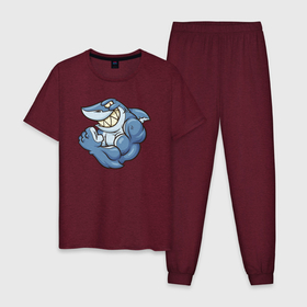 Мужская пижама хлопок с принтом Акула с бицухой (shark) в Санкт-Петербурге, 100% хлопок | брюки и футболка прямого кроя, без карманов, на брюках мягкая резинка на поясе и по низу штанин
 | shark | steam | акула | мощь | рыба | сила | стим