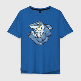 Мужская футболка хлопок Oversize с принтом Акула с бицухой (shark) в Санкт-Петербурге, 100% хлопок | свободный крой, круглый ворот, “спинка” длиннее передней части | Тематика изображения на принте: shark | steam | акула | мощь | рыба | сила | стим