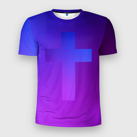 Мужская футболка 3D Slim с принтом Крест в неоне , 100% полиэстер с улучшенными характеристиками | приталенный силуэт, круглая горловина, широкие плечи, сужается к линии бедра | градиент | крест | минимализм | неон | религия