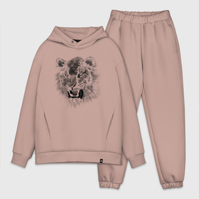 Мужской костюм хлопок OVERSIZE с принтом Тигр рычит в Ухте,  |  | большая кошка | животное | зубы | пасть | рык | тигр | хищник | чб