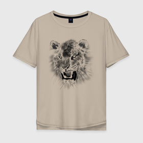 Мужская футболка хлопок Oversize с принтом Тигр рычит в Санкт-Петербурге, 100% хлопок | свободный крой, круглый ворот, “спинка” длиннее передней части | большая кошка | животное | зубы | пасть | рык | тигр | хищник | чб