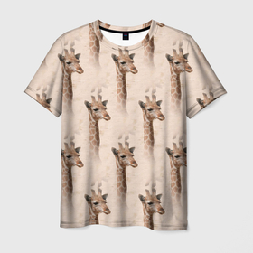 Мужская футболка 3D с принтом Голова жирафа  паттерн в Тюмени, 100% полиэфир | прямой крой, круглый вырез горловины, длина до линии бедер | африка | голова жирафа | жираф | жираф паттерн | жирафы