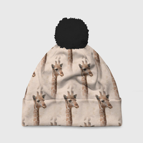 Шапка 3D c помпоном с принтом Голова жирафа  паттерн в Санкт-Петербурге, 100% полиэстер | универсальный размер, печать по всей поверхности изделия | Тематика изображения на принте: африка | голова жирафа | жираф | жираф паттерн | жирафы