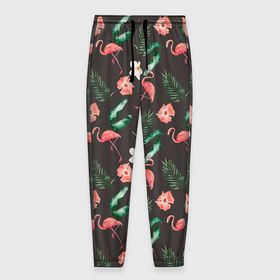 Мужские брюки 3D с принтом Фламинго и цветы паттерн , 100% полиэстер | манжеты по низу, эластичный пояс регулируется шнурком, по бокам два кармана без застежек, внутренняя часть кармана из мелкой сетки | лето | паттерн | фламинго | фламинго и цветы | цветы
