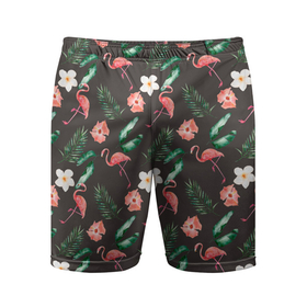 Мужские шорты спортивные с принтом Фламинго и цветы паттерн ,  |  | Тематика изображения на принте: лето | паттерн | фламинго | фламинго и цветы | цветы