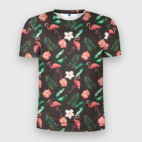 Мужская футболка 3D Slim с принтом Фламинго и цветы паттерн , 100% полиэстер с улучшенными характеристиками | приталенный силуэт, круглая горловина, широкие плечи, сужается к линии бедра | лето | паттерн | фламинго | фламинго и цветы | цветы