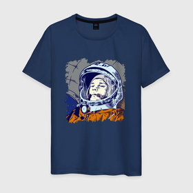 Мужская футболка хлопок с принтом Gagarin   Never forget , 100% хлопок | прямой крой, круглый вырез горловины, длина до линии бедер, слегка спущенное плечо. | flight | gagarin | space | spacesuit | гагарин | космос | полёт | скафандр