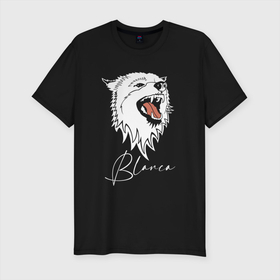 Мужская футболка хлопок Slim с принтом Blanca   Wolf в Петрозаводске, 92% хлопок, 8% лайкра | приталенный силуэт, круглый вырез ворота, длина до линии бедра, короткий рукав | fangs | jaw | muzzle | tongue | wolf | волк | волчица | клыки | пасть | язык