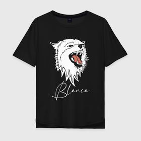 Мужская футболка хлопок Oversize с принтом Blanca   Wolf в Новосибирске, 100% хлопок | свободный крой, круглый ворот, “спинка” длиннее передней части | fangs | jaw | muzzle | tongue | wolf | волк | волчица | клыки | пасть | язык