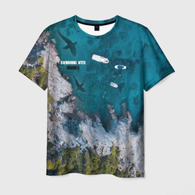 Мужская футболка 3D с принтом SWIMMING WITH SHARKS в Курске, 100% полиэфир | прямой крой, круглый вырез горловины, длина до линии бедер | handeyework | акула | акулы | кит | лето | море | пляж | рыбы