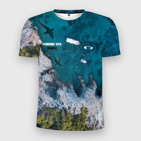 Мужская футболка 3D Slim с принтом SWIMMING WITH SHARKS , 100% полиэстер с улучшенными характеристиками | приталенный силуэт, круглая горловина, широкие плечи, сужается к линии бедра | handeyework | акула | акулы | кит | лето | море | пляж | рыбы
