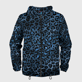 Мужская ветровка 3D с принтом Синяя леопардовая шкура в Кировске, 100% полиэстер | подол и капюшон оформлены резинкой с фиксаторами, два кармана без застежек по бокам, один потайной карман на груди | Тематика изображения на принте: леопард | леопардовые текстуры | синий леопард | тигр