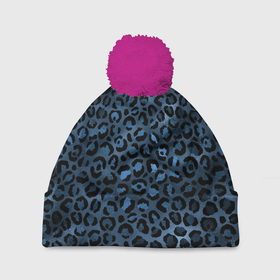 Шапка 3D c помпоном с принтом Синяя леопардовая шкура в Екатеринбурге, 100% полиэстер | универсальный размер, печать по всей поверхности изделия | Тематика изображения на принте: леопард | леопардовые текстуры | синий леопард | тигр