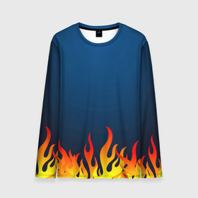 Мужской лонгслив 3D с принтом Пламя огня синий фон в Тюмени, 100% полиэстер | длинные рукава, круглый вырез горловины, полуприлегающий силуэт | fire | огонек | огонь | пламя | пламя огня