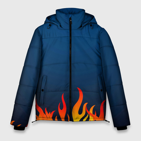 Мужская зимняя куртка 3D с принтом Пламя огня синий фон в Тюмени, верх — 100% полиэстер; подкладка — 100% полиэстер; утеплитель — 100% полиэстер | длина ниже бедра, свободный силуэт Оверсайз. Есть воротник-стойка, отстегивающийся капюшон и ветрозащитная планка. 

Боковые карманы с листочкой на кнопках и внутренний карман на молнии. | Тематика изображения на принте: fire | огонек | огонь | пламя | пламя огня