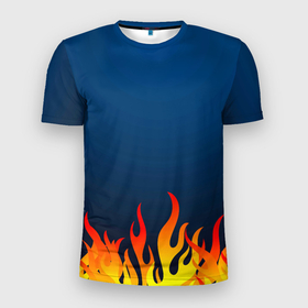 Мужская футболка 3D Slim с принтом Пламя огня синий фон в Тюмени, 100% полиэстер с улучшенными характеристиками | приталенный силуэт, круглая горловина, широкие плечи, сужается к линии бедра | fire | огонек | огонь | пламя | пламя огня