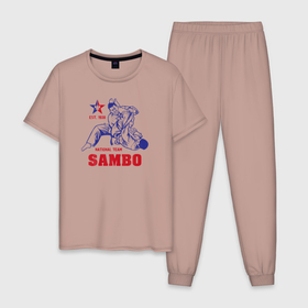 Мужская пижама хлопок с принтом Национальная команда САМБО в Тюмени, 100% хлопок | брюки и футболка прямого кроя, без карманов, на брюках мягкая резинка на поясе и по низу штанин
 | Тематика изображения на принте: sambist | sambo | боевое самбо | боевые искусства | борьба | всероссийская федерация самбо | единоборство | самбист | самбо | самозащита без оружия | спорт