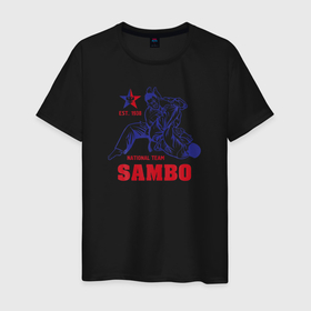 Мужская футболка хлопок с принтом Национальная команда САМБО в Курске, 100% хлопок | прямой крой, круглый вырез горловины, длина до линии бедер, слегка спущенное плечо. | sambist | sambo | боевое самбо | боевые искусства | борьба | всероссийская федерация самбо | единоборство | самбист | самбо | самозащита без оружия | спорт