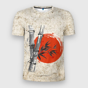 Мужская футболка 3D Slim с принтом Закат   Бамбук в Кировске, 100% полиэстер с улучшенными характеристиками | приталенный силуэт, круглая горловина, широкие плечи, сужается к линии бедра | бамбук | дерево | закат | китай | листья | пергамент | рассвет | рисунок | солнце