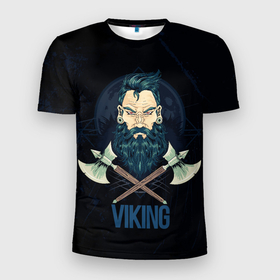 Мужская футболка 3D Slim с принтом Viking в Кировске, 100% полиэстер с улучшенными характеристиками | приталенный силуэт, круглая горловина, широкие плечи, сужается к линии бедра | арт | борода | викинг | графика | топоры