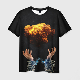 Мужская футболка 3D с принтом Огненный гриб в Новосибирске, 100% полиэфир | прямой крой, круглый вырез горловины, длина до линии бедер | арт | взрыв | война | графика | огонь | руки | цепи