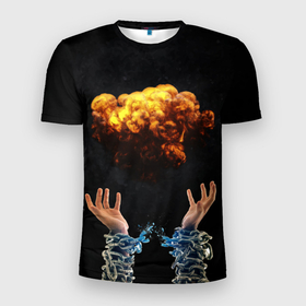 Мужская футболка 3D Slim с принтом Огненный гриб в Новосибирске, 100% полиэстер с улучшенными характеристиками | приталенный силуэт, круглая горловина, широкие плечи, сужается к линии бедра | арт | взрыв | война | графика | огонь | руки | цепи