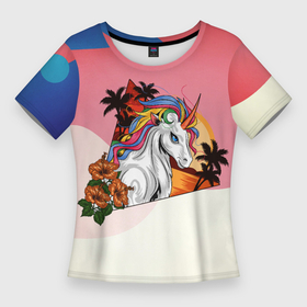 Женская футболка 3D Slim с принтом Летний единорог ,  |  | арт | графика | единорог | животные | звери | лето | миф | цветы