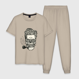 Мужская пижама хлопок с принтом Молодой аристократ в Белгороде, 100% хлопок | брюки и футболка прямого кроя, без карманов, на брюках мягкая резинка на поясе и по низу штанин
 | Тематика изображения на принте: арт | дым | иллюстрация | трубка | чепушка