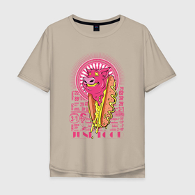 Мужская футболка хлопок Oversize с принтом Мелкий поросёнок в Тюмени, 100% хлопок | свободный крой, круглый ворот, “спинка” длиннее передней части | арт | булка | вредная еда | еда | иллюстрация | розовый | текст | хот дог | хрюшка