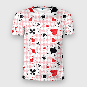 Мужская футболка 3D Slim с принтом Карты масти в Курске, 100% полиэстер с улучшенными характеристиками | приталенный силуэт, круглая горловина, широкие плечи, сужается к линии бедра | бубны | карты | крести | масти | пики | покер | черви