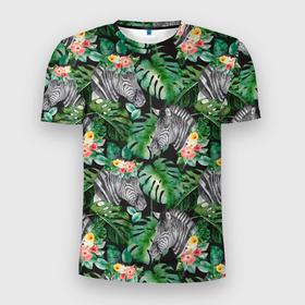 Мужская футболка 3D Slim с принтом Зебра и листья в Белгороде, 100% полиэстер с улучшенными характеристиками | приталенный силуэт, круглая горловина, широкие плечи, сужается к линии бедра | африка | джунгли | зебра | зебры | листья
