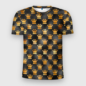 Мужская футболка 3D Slim с принтом Короны в золоте в Белгороде, 100% полиэстер с улучшенными характеристиками | приталенный силуэт, круглая горловина, широкие плечи, сужается к линии бедра | золотая корона | золото | корона | паттерн | текстура
