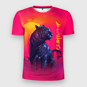 Мужская футболка 3D Slim с принтом |sunset| в Курске, 100% полиэстер с улучшенными характеристиками | приталенный силуэт, круглая горловина, широкие плечи, сужается к линии бедра | sunset | арт | дикие животные | звери | кошки | тигр