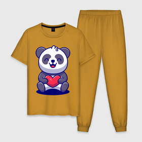 Мужская пижама хлопок с принтом Панда с сердцем в Кировске, 100% хлопок | брюки и футболка прямого кроя, без карманов, на брюках мягкая резинка на поясе и по низу штанин
 | bear | heart | panda | smile | медведь | панда | сердце | улыбка