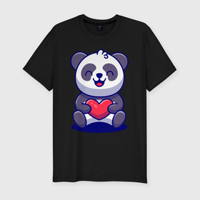 Мужская футболка хлопок Slim с принтом Панда с сердцем в Белгороде, 92% хлопок, 8% лайкра | приталенный силуэт, круглый вырез ворота, длина до линии бедра, короткий рукав | Тематика изображения на принте: bear | heart | panda | smile | медведь | панда | сердце | улыбка
