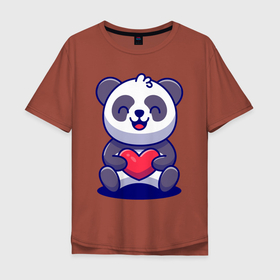 Мужская футболка хлопок Oversize с принтом Панда с сердцем в Курске, 100% хлопок | свободный крой, круглый ворот, “спинка” длиннее передней части | Тематика изображения на принте: bear | heart | panda | smile | медведь | панда | сердце | улыбка