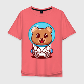 Мужская футболка хлопок Oversize с принтом Медведь космонавт в скафандре в Тюмени, 100% хлопок | свободный крой, круглый ворот, “спинка” длиннее передней части | astronaut | bear | eyes | muzzle | smile | spacesuit | глаза | космонавт | медведь | мордочка | скафандр | улыбка