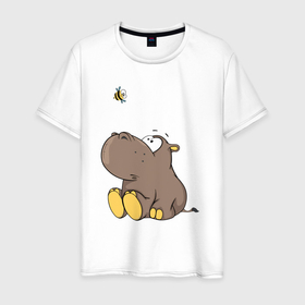 Мужская футболка хлопок с принтом Бегемотик и пчелка , 100% хлопок | прямой крой, круглый вырез горловины, длина до линии бедер, слегка спущенное плечо. | бегемот | бегемотик | детям | милый | мультик | пчелка | смешной