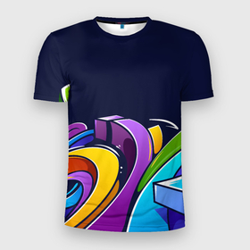 Мужская футболка 3D Slim с принтом Цветное граффити , 100% полиэстер с улучшенными характеристиками | приталенный силуэт, круглая горловина, широкие плечи, сужается к линии бедра | graffiti | абстрактные линии | абстракция | граффити | красивый фон | линии | текстура | цвета | цветная абстракция